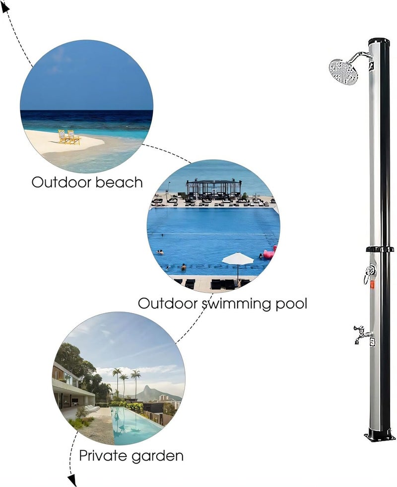 Timoau 7.2Ft Outdoor Solar Heated Shower, 9.3 Gal Pool Shower w/Handheld Shower Head & Foot Tap Spigot, Ideal for Poolside Backyard Beach Pool Spa, Silver - Image 2
